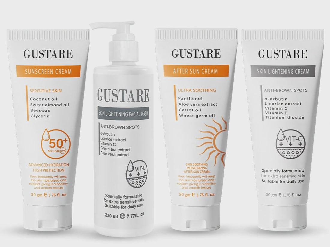 Promotional video showcasing Gustare skincare products including sunscreen cream, after sun cream, facial wash, and skin lightening cream – formulated for sensitive skin, hydration, and sun protection.